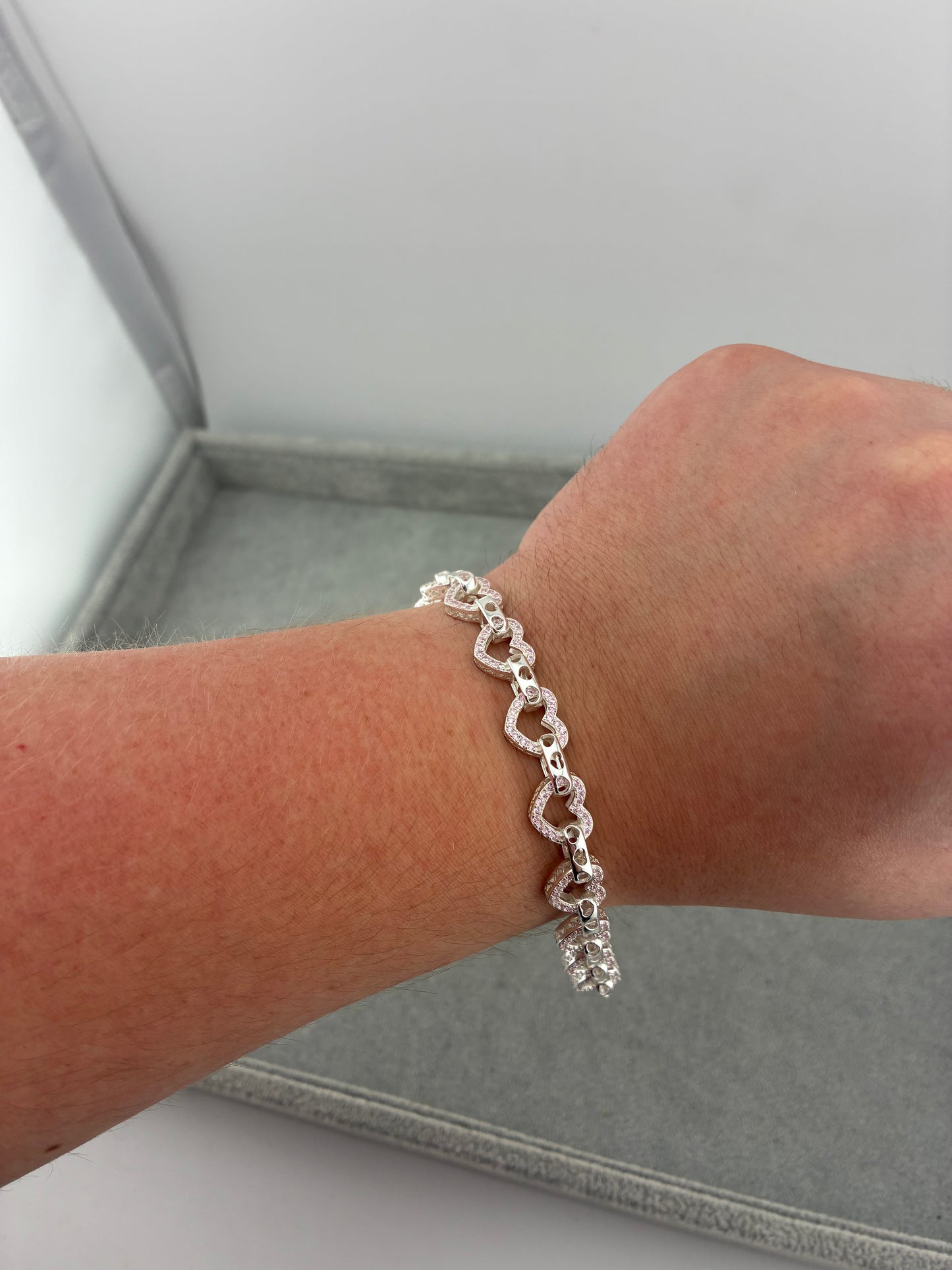 Silver Pink Stone Set Heart Bracelets