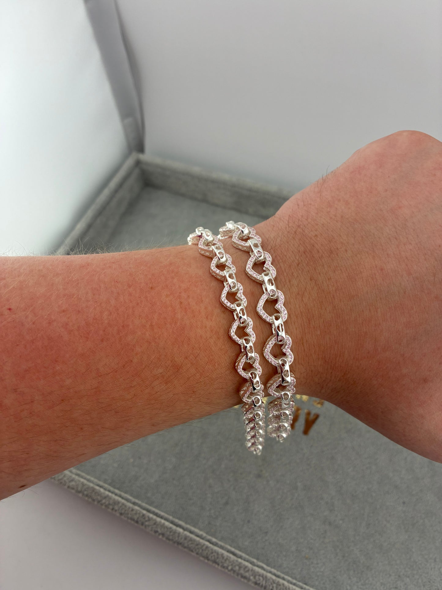 Silver Pink Stone Set Heart Bracelets